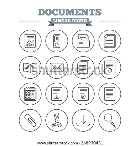 Documents linear icons set. Accounting, book and calendar symbols. Paper clip, scissors and download arrow thin outline signs. Mail envelope and file chart. Flat vector