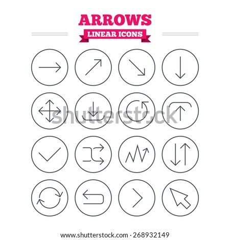 Arrows linear icons set. Download, refresh and fullscreen symbols. Upload, check ot tick and shuffle thin outline signs. Cursor arrow. Flat vector