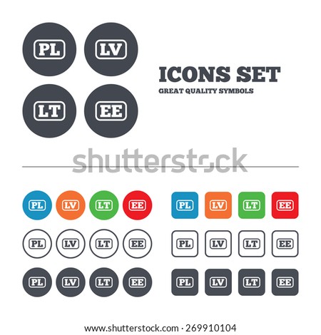 Language icons. PL, LV, LT and EE translation symbols. Poland, Latvia, Lithuania and Estonia languages. Web buttons set. Circles and squares templates. Vector