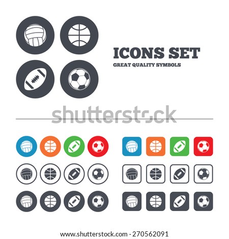 Sport balls icons. Volleyball, Basketball, Soccer and American football signs. Team sport games. Web buttons set. Circles and squares templates. Vector