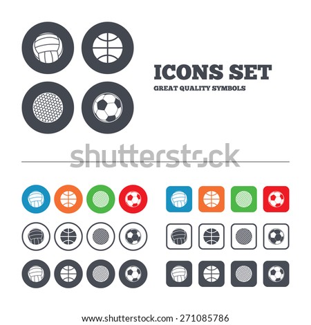 Sport balls icons. Volleyball, Basketball, Soccer and Golf signs. Team sport games. Web buttons set. Circles and squares templates. Vector