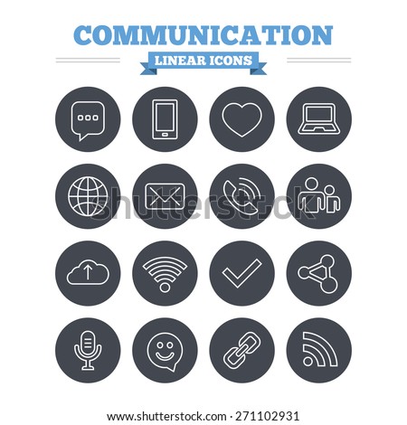 Communication linear icons set. Smartphone, laptop and speech bubble symbols. Wi-fi and Rss. Online love dating, mail and globe thin outline signs. Flat circle vector