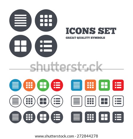 List menu icons. Content view options symbols. Thumbnails grid or Gallery view. Web buttons set. Circles and squares templates. Vector