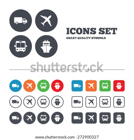Transport icons. Truck, Airplane, Public bus and Ship signs. Shipping delivery symbol. Air mail delivery sign. Web buttons set. Circles and squares templates. Vector