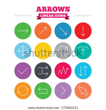 Arrows linear icons set. Download, refresh and fullscreen symbols. Upload, check ot tick and shuffle thin outline signs. Cursor arrow. Flat circles vector