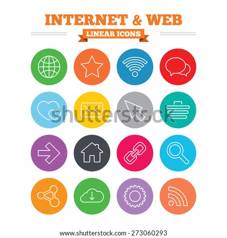 Internet and Web linear icons set. Wi-fi network, favorite star and internet globe. Hearts, shopping cart and speech bubbles. Share, rss and link symbols. Thin outline signs. Flat circles vector