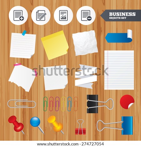 Paper sheets. Office business stickers, pin, clip. File document icons. Document with chart or graph symbol. Edit content with pencil sign. Add file. Squared, lined pages. Vector
