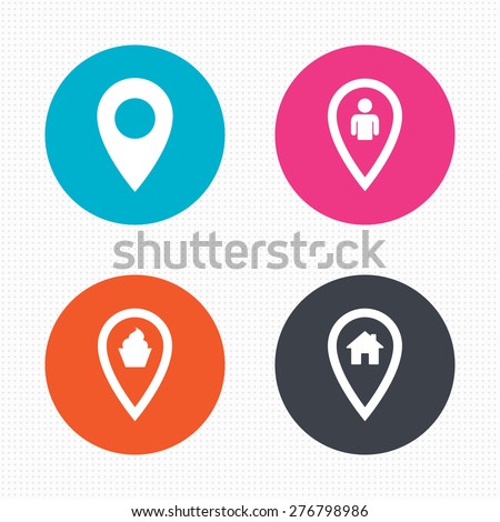 Circle buttons. Map pointer icons. Home, food and user location symbols. Restaurant and cupcake signs. You are here. Seamless squares texture. Vector