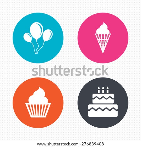 Circle buttons. Birthday party icons. Cake with ice cream signs. Air balloons with rope symbol. Seamless squares texture. Vector