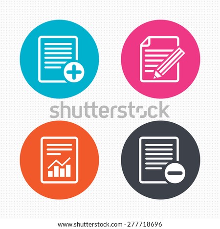 Circle buttons. File document icons. Document with chart or graph symbol. Edit content with pencil sign. Add file. Seamless squares texture. Vector