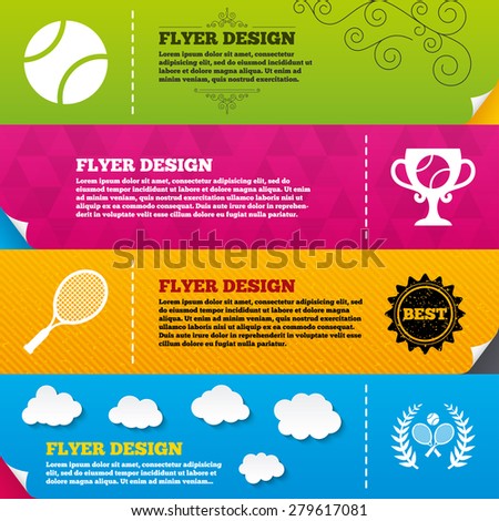 Flyer brochure designs. Tennis ball and rackets icons. Winner cup sign. Sport laurel wreath winner award symbol. Frame design templates. Vector