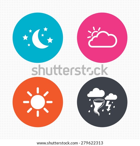 Circle buttons. Weather icons. Moon and stars night. Cloud and sun signs. Storm or thunderstorm with lightning symbol. Seamless squares texture. Vector