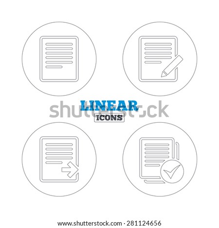 File document icons. Download file symbol. Edit content with pencil sign. Select file with check box. Linear outline web icons. Vector