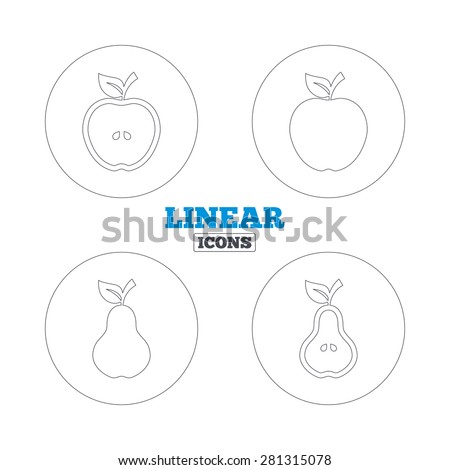 Fruits with leaf icons. Apple and Pear with seeds signs. Natural food symbol. Linear outline web icons. Vector