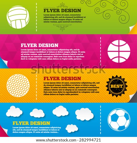 Flyer brochure designs. Sport balls icons. Volleyball, Basketball, Soccer and Golf signs. Team sport games. Frame design templates. Vector