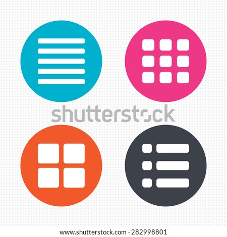 Circle buttons. List menu icons. Content view options symbols. Thumbnails grid or Gallery view. Seamless squares texture. Vector