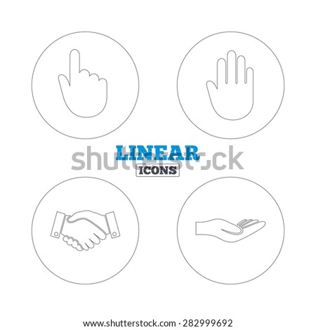 Hand icons. Handshake successful business symbol. Click here press sign. Human helping donation hand. Linear outline web icons. Vector