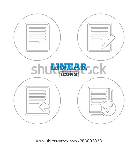 File document icons. Upload file symbol. Edit content with pencil sign. Select file with checkbox. Linear outline web icons. Vector