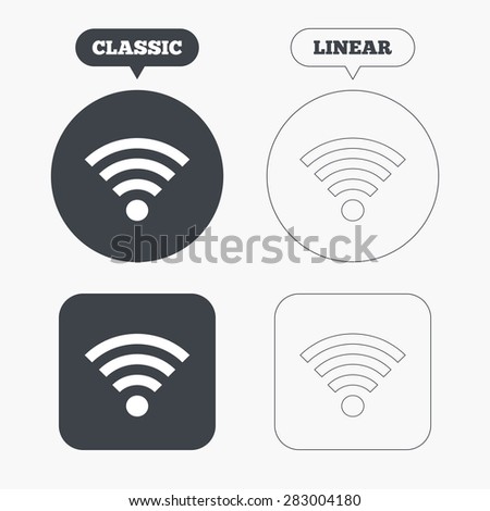 Wifi sign. Wi-fi symbol. Wireless Network icon. Wifi zone. Classic and line web buttons. Circles and squares. Vector