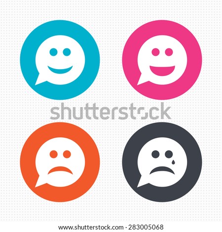 Circle buttons. Speech bubble smile face icons. Happy, sad, cry signs. Happy smiley chat symbol. Sadness depression and crying signs. Seamless squares texture. Vector