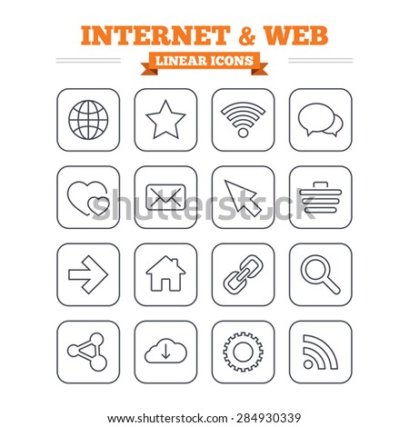 Internet and Web linear icons set. Wi-fi network, favorite star and internet globe. Hearts, shopping cart and speech bubbles. Share, rss and link symbols. Thin outline signs. Flat square vector