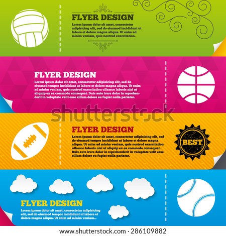 Flyer brochure designs. Sport balls icons. Volleyball, Basketball, Baseball and American football signs. Team sport games. Frame design templates. Vector