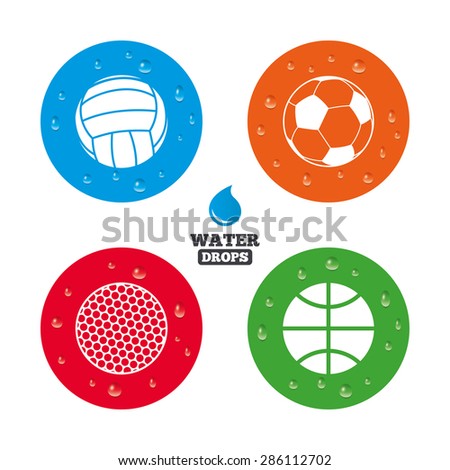 Water drops on button. Sport balls icons. Volleyball, Basketball, Soccer and Golf signs. Team sport games. Realistic pure raindrops on circles. Vector