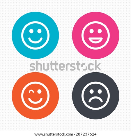 Circle buttons. Smile icons. Happy, sad and wink faces symbol. Laughing lol smiley signs. Seamless squares texture. Vector