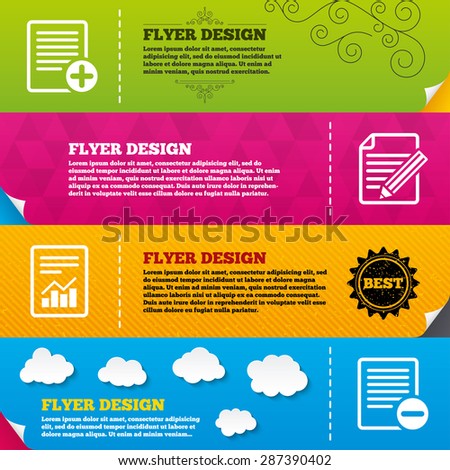Flyer brochure designs. File document icons. Document with chart or graph symbol. Edit content with pencil sign. Add file. Frame design templates. Vector