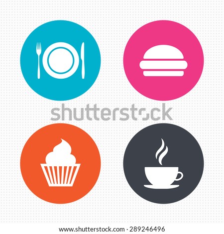 Circle buttons. Food and drink icons. Muffin cupcake symbol. Plate dish with fork and knife sign. Hot coffee cup and hamburger. Seamless squares texture. Vector
