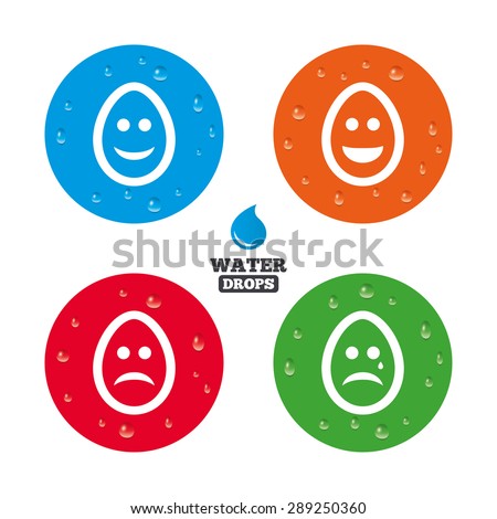 Water drops on button. Eggs happy and sad faces icons. Crying smiley with tear symbols. Tradition Easter Pasch signs. Realistic pure raindrops on circles. Vector