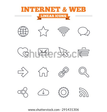 Internet and Web linear icons set. Wi-fi network, favorite star and internet globe. Hearts, shopping cart and speech bubbles. Share, rss and link symbols. Thin outline signs. Flat vector