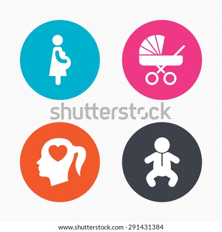 Circle buttons. Maternity icons. Baby infant, pregnancy and buggy signs. Baby carriage pram stroller symbols. Head with heart. Seamless squares texture. Vector