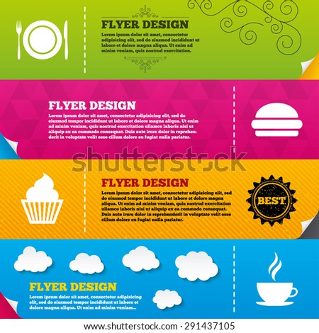 Flyer brochure designs. Food and drink icons. Muffin cupcake symbol. Plate dish with fork and knife sign. Hot coffee cup and hamburger. Frame design templates. Vector
