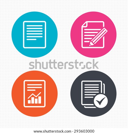 Circle buttons. File document icons. Document with chart or graph symbol. Edit content with pencil sign. Select file with checkbox. Seamless squares texture. Vector