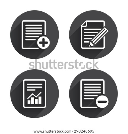 File document icons. Document with chart or graph symbol. Edit content with pencil sign. Add file. Circles buttons with long flat shadow. Vector