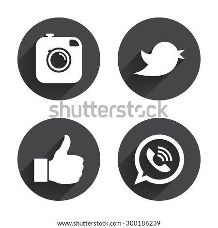Hipster photo camera icon. Like and Call speech bubble sign. Bird symbol. Social media icons. Circles buttons with long flat shadow. Vector
