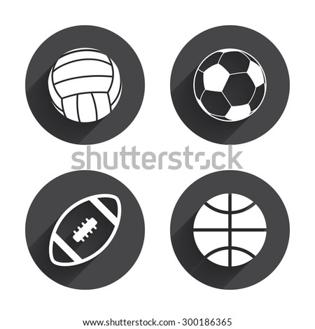 Sport balls icons. Volleyball, Basketball, Soccer and American football signs. Team sport games. Circles buttons with long flat shadow. Vector