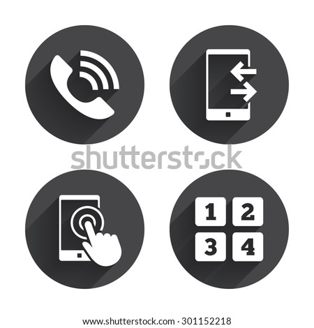 Phone icons. Touch screen smartphone sign. Call center support symbol. Cellphone keyboard symbol. Incoming and outcoming calls. Circles buttons with long flat shadow. Vector