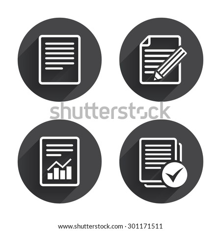 File document icons. Document with chart or graph symbol. Edit content with pencil sign. Select file with checkbox. Circles buttons with long flat shadow. Vector