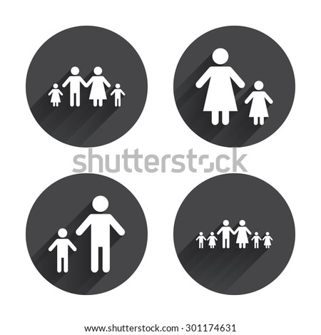 Large family with children icon. Parents and kids symbols. One-parent family signs. Mother and father divorce. Circles buttons with long flat shadow. Vector