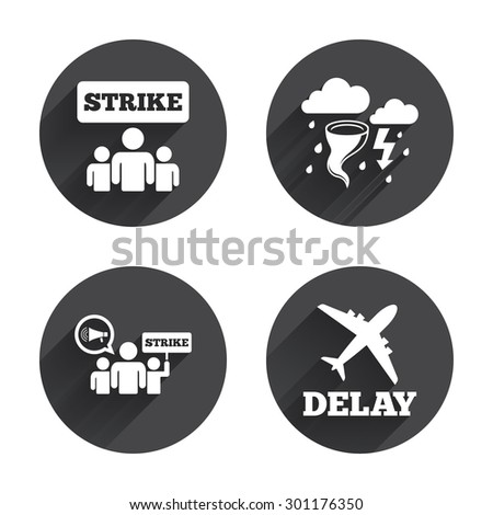 Strike icon. Storm bad weather and group of people signs. Delayed flight symbol. Circles buttons with long flat shadow. Vector