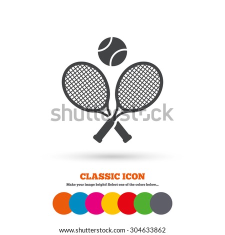 Tennis rackets with ball sign icon. Sport symbol. Classic flat icon. Colored circles. Vector