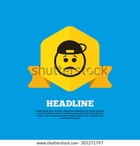 Sad rapper face sign icon. Sadness depression chat symbol. Yellow label tag. Circles seamless pattern on back. Vector