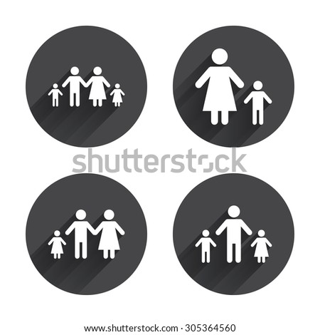 Family with two children icon. Parents and kids symbols. One-parent family signs. Mother and father divorce. Circles buttons with long flat shadow. Vector