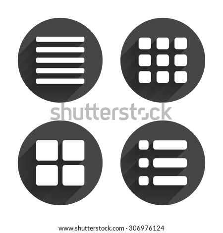 List menu icons. Content view options symbols. Thumbnails grid or Gallery view. Circles buttons with long flat shadow. Vector