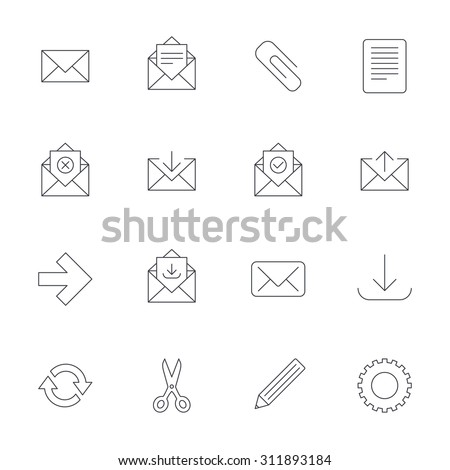 Mail services icons. Send mail, paper clip and download arrow symbols. Scissors, pencil and refresh thin outline signs. Receive, select and delete mail. Outline line icons on white background. Vector