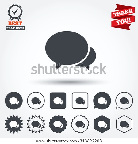 Speech bubbles icon. Chat or blogging sign. Communication symbol. Circle, star, speech bubble and square buttons. Award medal with check mark. Thank you. Vector