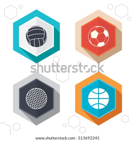 Hexagon buttons. Sport balls icons. Volleyball, Basketball, Soccer and Golf signs. Team sport games. Labels with shadow. Vector