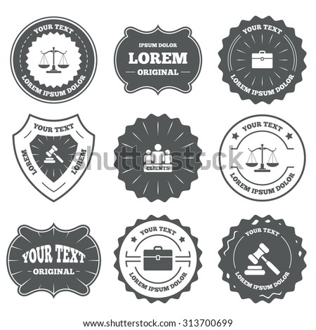 Vintage emblems, labels. Scales of Justice icon. Group of clients symbol. Auction hammer sign. Law judge gavel. Court of law. Design elements. Vector